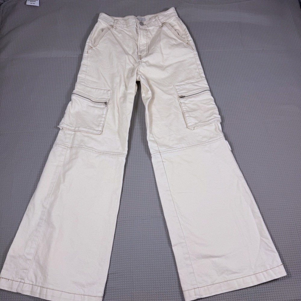 PacSun Cargo Wide Leg Pants Size 25 Cream High Rise Utility Zip Pocket Denim